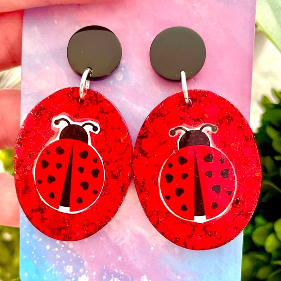Acrylic Ladybug Earrings - Picture 1 of 4